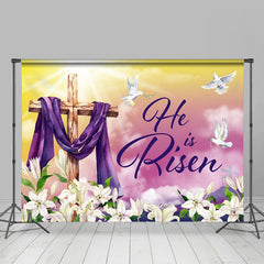 Lofaris He Is Risen Cross Purple Cloth Lily Easter Backdrop