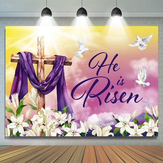 Lofaris He Is Risen Cross Purple Cloth Lily Easter Backdrop