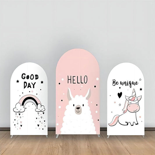 Lofaris Hello Alpaca Rainbow Unicorn Pink Arch Backdrop Kit