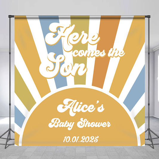 Lofaris Here Come The Son Stripe Custom Baby Shower Backdrop
