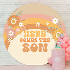 Lofaris Here Comes Son Rainbow Floral Round Baby Shower Backdrop