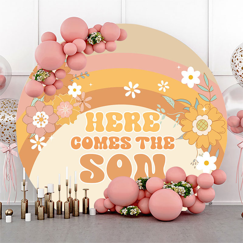 Lofaris Here Comes Son Rainbow Floral Round Baby Shower Backdrop
