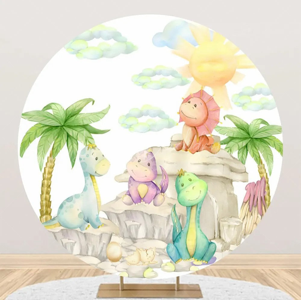 Lofaris Hill Palm Trees Sun Dinosaurs Round Party Backdrop