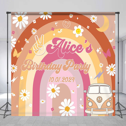 Lofaris Hippie Car Rainbow Flower Custom Birthday Backdrop
