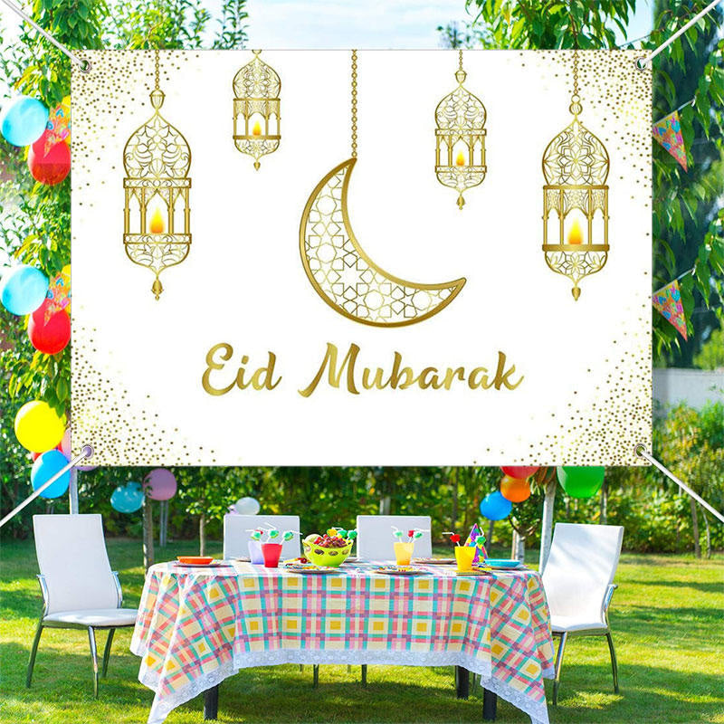Lofaris Hollowed Lantern Moon Glitter Eid Mubarak Backdrop
