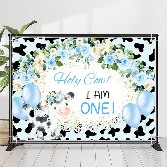 Lofaris Holy Cow Blue Floral Balloon 1st Birthday Backdrop