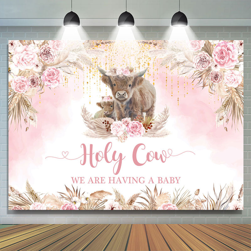 Lofaris Holy Cow Boho Pink Flowers Baby Shower Backdrop