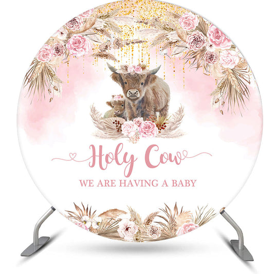 Lofaris Holy Cow Pink Boho Floral Round Baby Shower Backdrop