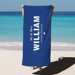 Lofaris Honeymoon Custom Name Navy Blue Beach Towel