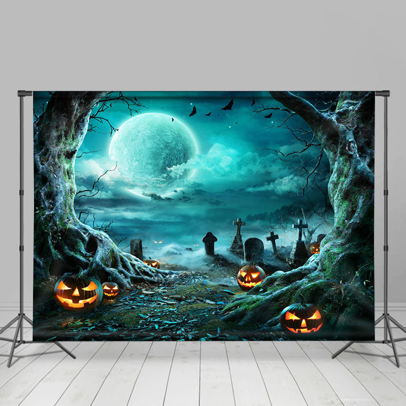 Horror Moon Night Cemetery Pumpkin Halloween Backdrop - Lofaris