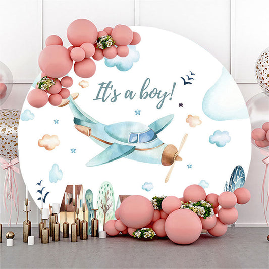 Lofaris It Is A Boy Airplane Round Baby Shower Backdrop