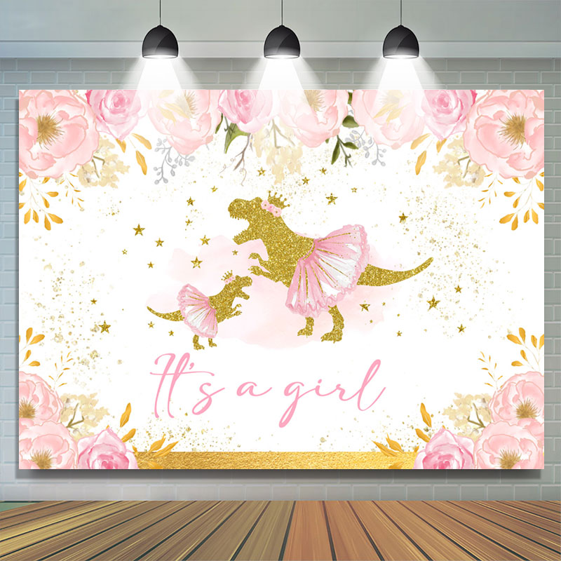 Lofaris Its A Girl Pink Floral Dinosaur Baby Shower Backdrop