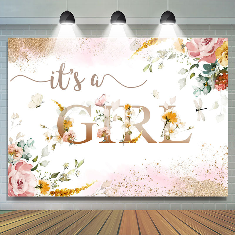 Lofaris Its A Girl Pink Flowers Sequin Baby Shower Backdrop