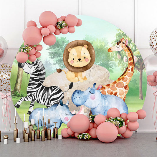 Lofaris Jungle Animals And Green Forest Round Birthday Backdrop Kit