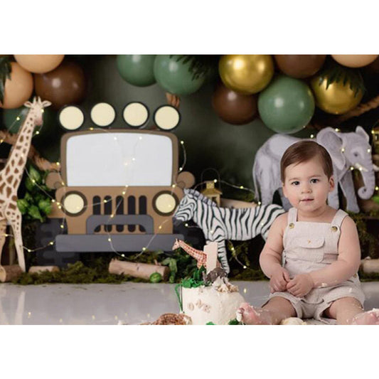 Lofaris Jungle Forest Animals Green Cake Smash Backdrop
