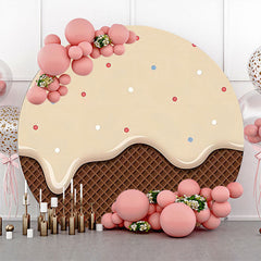 Lofaris Khaki Cream Brown Plaid Dots Round Birthday Backdrop