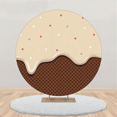 Lofaris Khaki Cream Brown Plaid Dots Round Birthday Backdrop