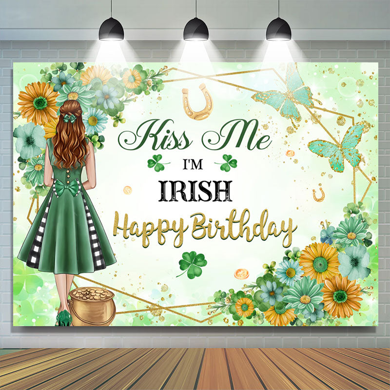 Lofaris Kiss Me Im Irish Floral Green Girl Birthday Backdrop
