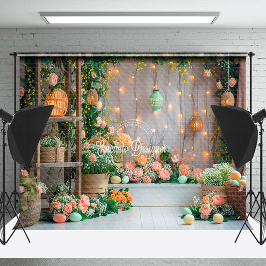 Lofaris Lantern Pink Curtain Green Grass Photo Booth Backdrop