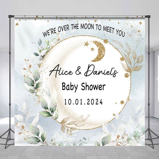 Lofaris Leaves Moon Twins Custom Name Baby Shower Backdrop