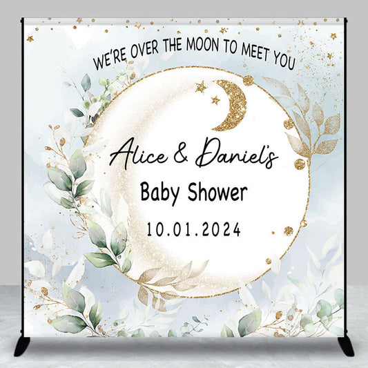 Lofaris Leaves Moon Twins Custom Name Baby Shower Backdrop