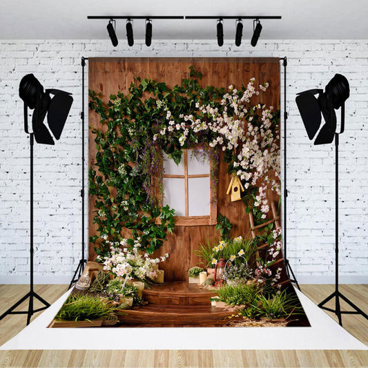 Lofaris Leaves White Flower Wood Window Spring Backdrop