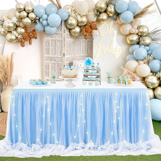 Lofaris LED Lights Blue Tulle Banquet Table Skirt Tablecloth