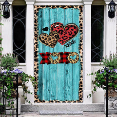 Lofaris Leopard Hearts Blue Wood Valentines Day Door Cover