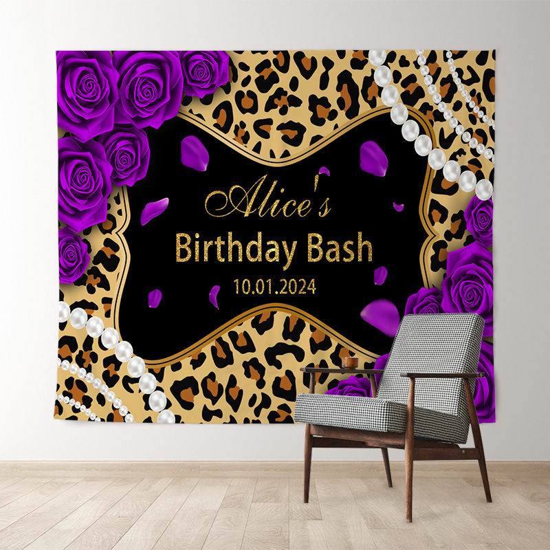 Lofaris Leopard Purple Rose Pearl Custom Birthday Backdrop