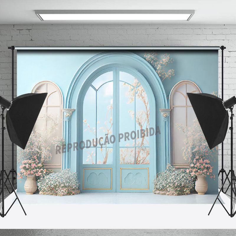 Lofaris Light Blue Arch Door Floral Portrait Studio Backdrop