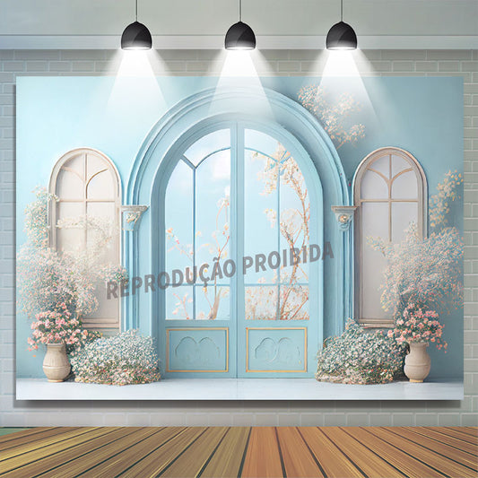 Lofaris Light Blue Arch Door Floral Portrait Studio Backdrop