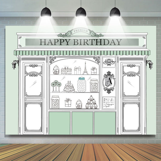 Lofaris Light Green Store Shopwindow Happy Birthday Backdrop