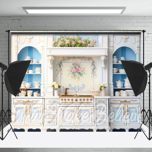 Lofaris Light Luxury White Cupboard Pink Floral Backdrop