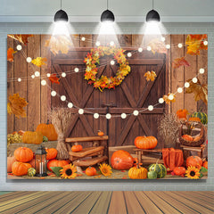 Lofaris Light Wood Door Pumpkin Maple Leaves Autumn Backdrop