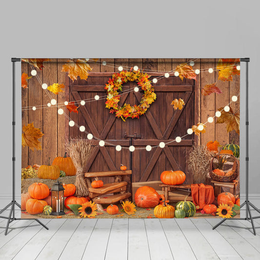 Lofaris Light Wood Door Pumpkin Maple Leaves Autumn Backdrop