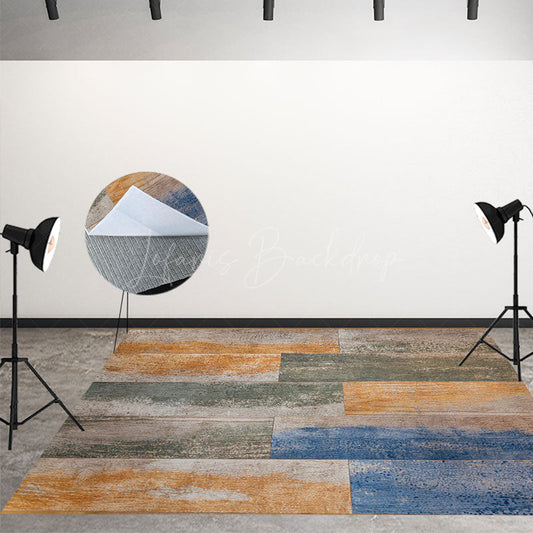 Lofaris Light Yellow Blue Paint Shabby Wood Floor Backdrop