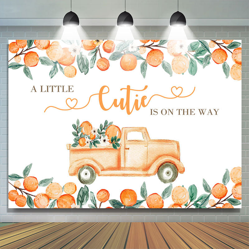 Lofaris Little Cutie On The Way Orange Baby Shower Backdrop