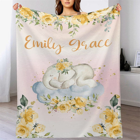 Lofaris Little Elephant Gold Floral Custom Blanket With Name