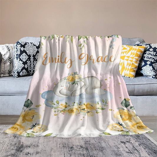 Lofaris Little Elephant Gold Floral Custom Blanket With Name