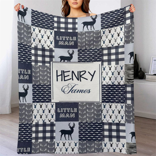 Lofaris Little Man Indigo Deer Plaid Custom Name Blanket