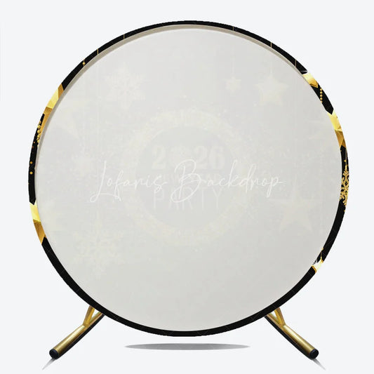 Lofaris 2026 New Year Party Round Backdrop Black and Gold with Hanging Stars Glitter Snowflakes Holiday Decor