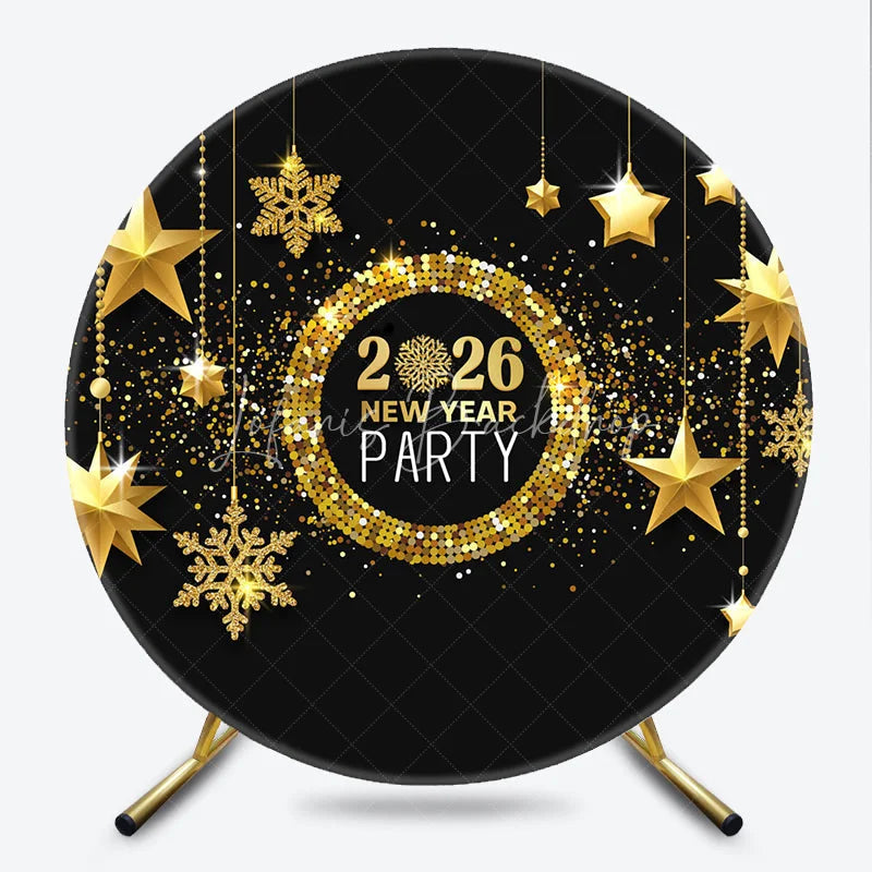 Lofaris 2026 New Year Party Round Backdrop Black and Gold with Hanging Stars Glitter Snowflakes Holiday Decor