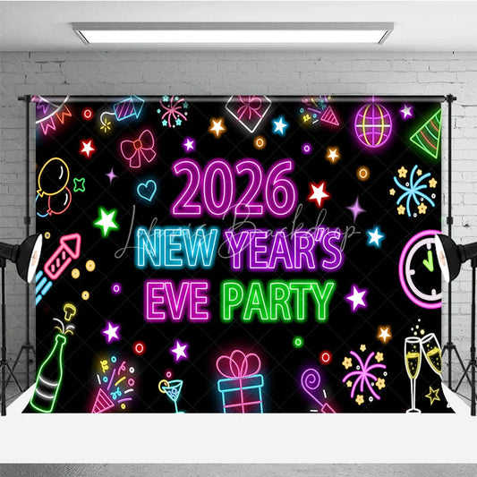 Lofaris 2026 New Year’s Eve Party Backdrop Colorful Neon Signs for Glow in the Dark Retro 80s Disco NYE Decor