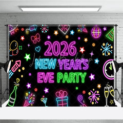 Lofaris 2026 New Year’s Eve Party Backdrop Colorful Neon Signs for Glow in the Dark Retro 80s Disco NYE Decor