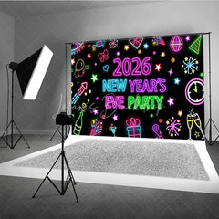 Lofaris 2026 New Year’s Eve Party Backdrop Colorful Neon Signs for Glow in the Dark Retro 80s Disco NYE Decor