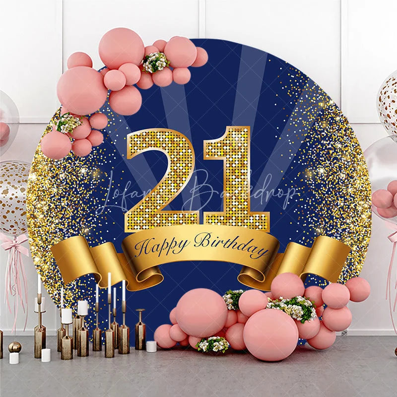 Lofaris 21st Happy Birthday Round Backdrop Gold Glitter Number 21 on Navy Blue Background Cheers to Years Party Decor