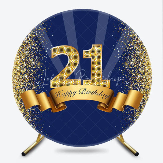 Lofaris 21st Happy Birthday Round Backdrop Gold Glitter Number 21 on Navy Blue Background Cheers to Years Party Decor