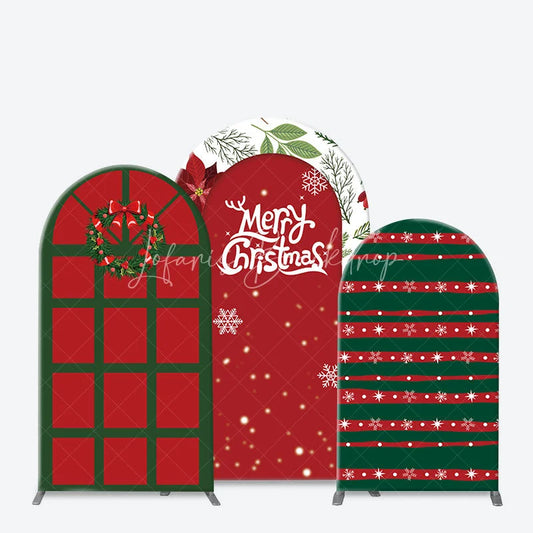 Lofaris 3-Piece Arch Backdrop Set Merry Christmas Red Green Poinsettia Wreath Winter Holiday Chiara Wall Cover Decor