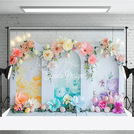 Lofaris 3D Floral Easter Arch Backdrop Colorful Spring Bloom and Pastel Eggs Party Decoration