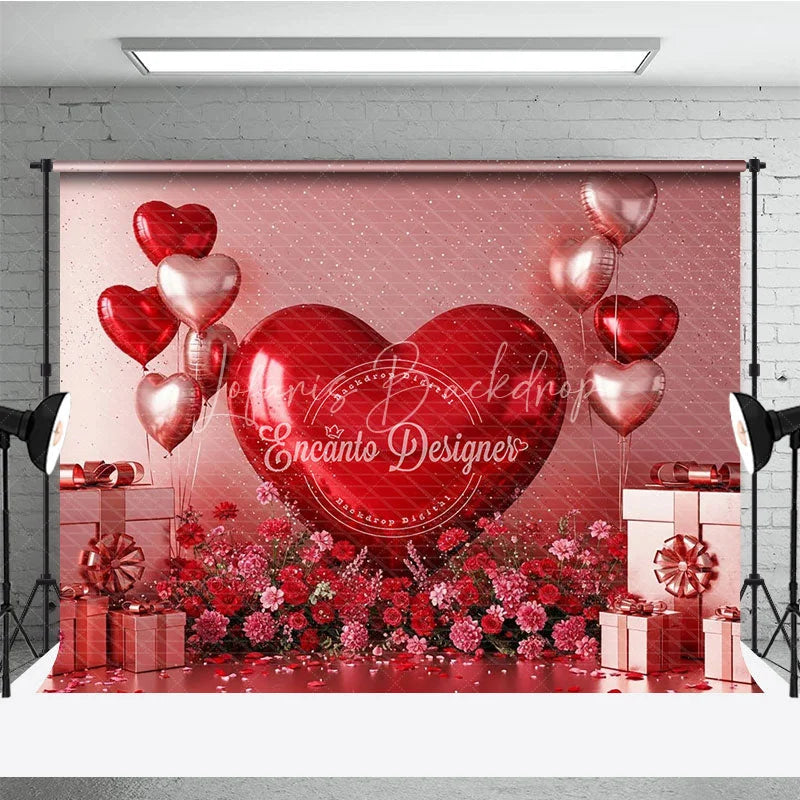 Lofaris 3D Giant Red Heart Backdrop Metallic Gift Boxes Flowers Background Valentine Day Photography Studio Prop